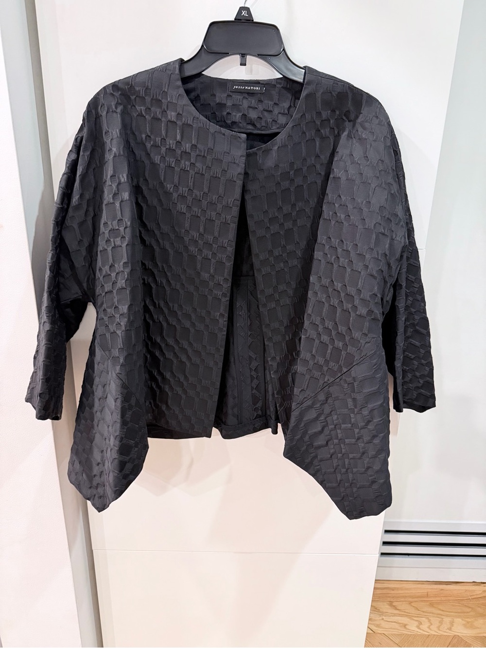 Josie Natori Black Textured Peplum Jacket Size L Open Front 3/4 Sleeve